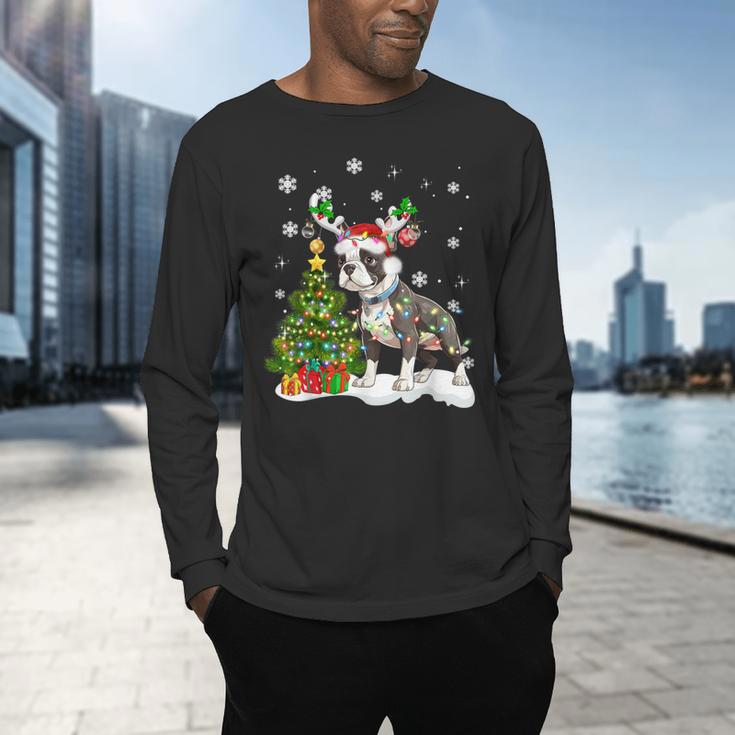 Boston Terrier Christmas Tree Lights Santa Hat Men's Long Sleeve T-Shirt, gift for family, gift for coworker