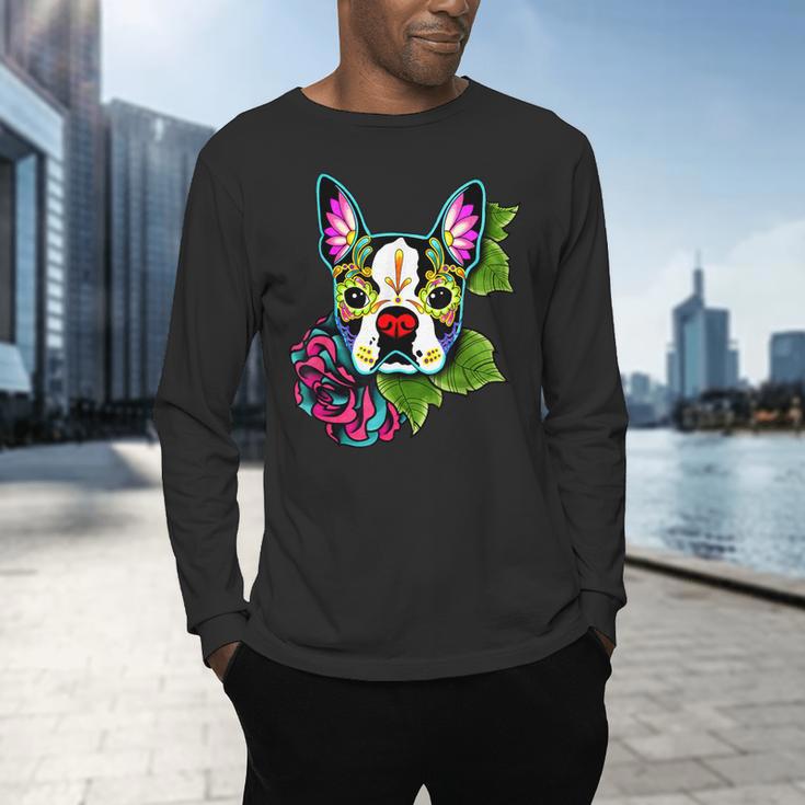Boston Terrier In Day Of The Dead Sugar Skull Dog Men's Long Sleeve T-Shirt, gift for family, gift for coworker