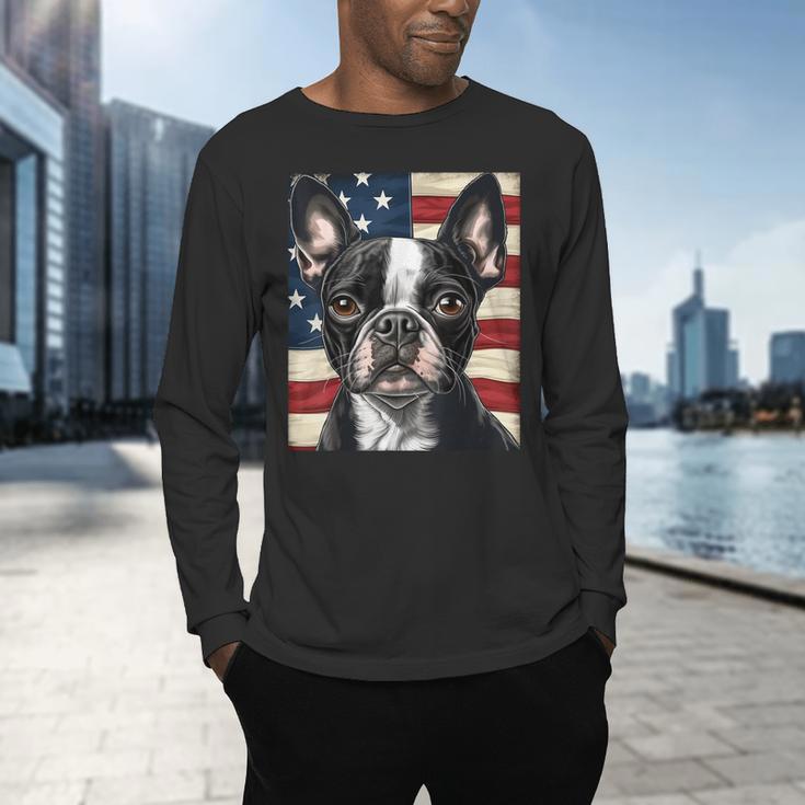 Boston Terrier Dog American Flag 4th Of July Patriotic Puppy Men's Long Sleeve T-Shirt, gift for family, gift for coworker