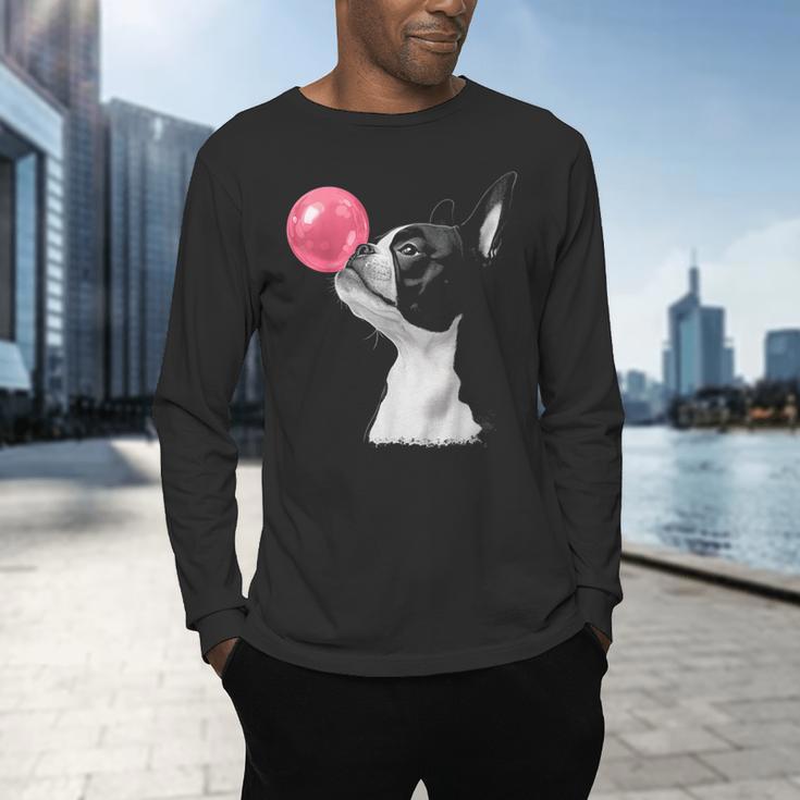 Boston Terrier Dog Blowing Chewing Bubble Gum Pink Men's Long Sleeve T-Shirt, gift for family, gift for coworker