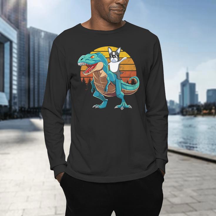 Boston Terrier Dog Riding Dinosaur T Rex Boys Men's Long Sleeve T-Shirt, gift for family, gift for coworker