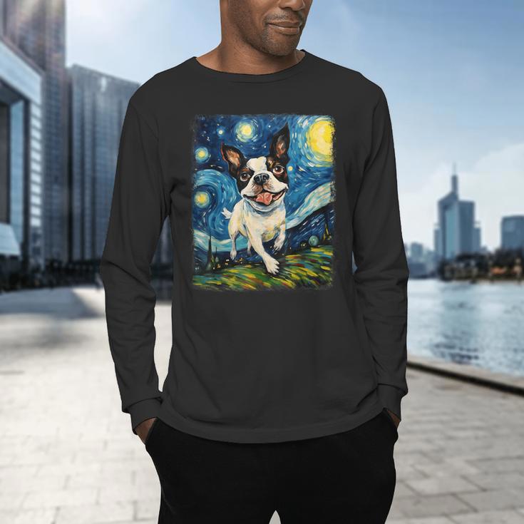 Boston Terrier Dog Starry Night Painting Men's Long Sleeve T-Shirt, gift for family, gift for coworker