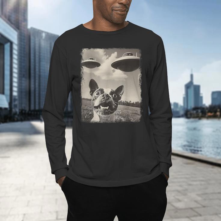 Boston Terrier Dog UFO Alien Extraterrestrial Selfie Men's Long Sleeve T-Shirt, gift for family, gift for coworker