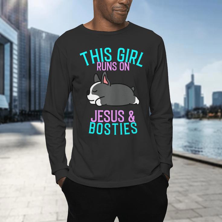 Boston Terrier This Girl Runs On Jesus And Boston Terriers Men's Long Sleeve T-Shirt, gift for family, gift for coworker