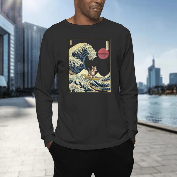 Boston Terrier Japanese Kanagawa Wave Surf Dog Men's Long Sleeve T-Shirt, gift for family, gift for coworker