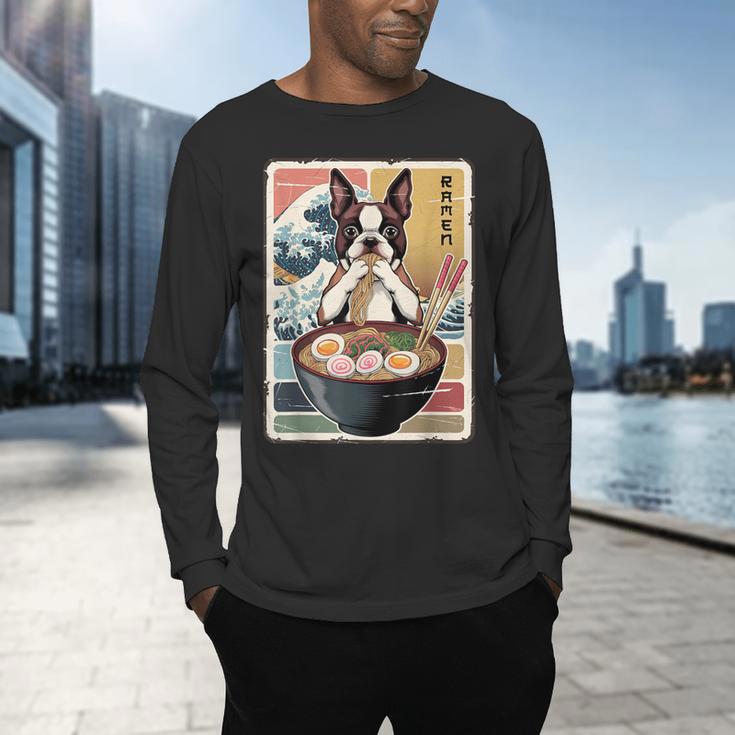 Boston Terrier Ramen Noodles Japanese Art Retro Ocean Waves Men's Long Sleeve T-Shirt, gift for family, gift for coworker