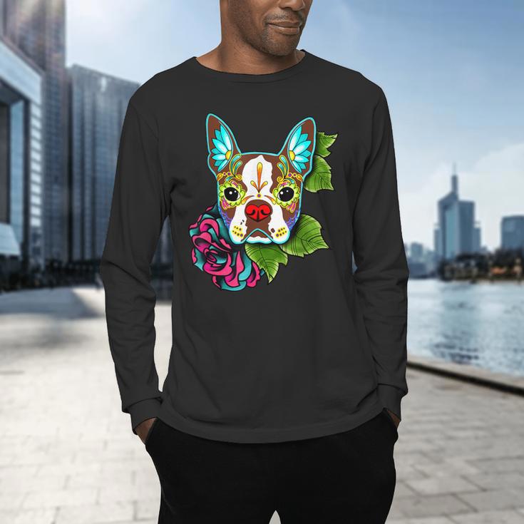 Boston Terrier In Red Day Of The Dead Sugar Skull Dog Men's Long Sleeve T-Shirt, gift for family, gift for coworker