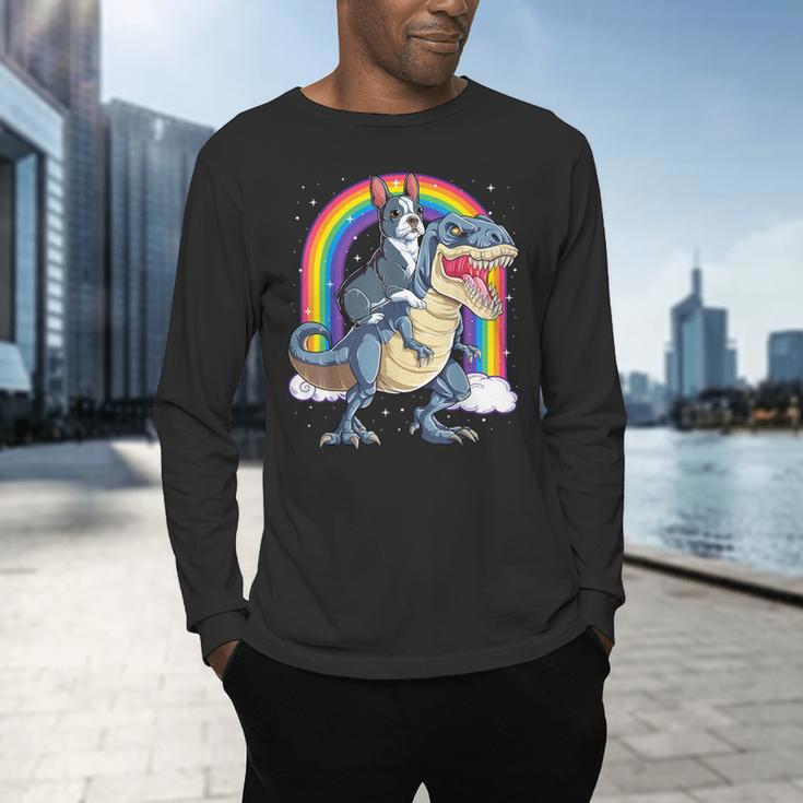 Boston Terrier Riding Dinosaur T-Rex Boys Kids Rainbow Men's Long Sleeve T-Shirt, gift for family, gift for coworker