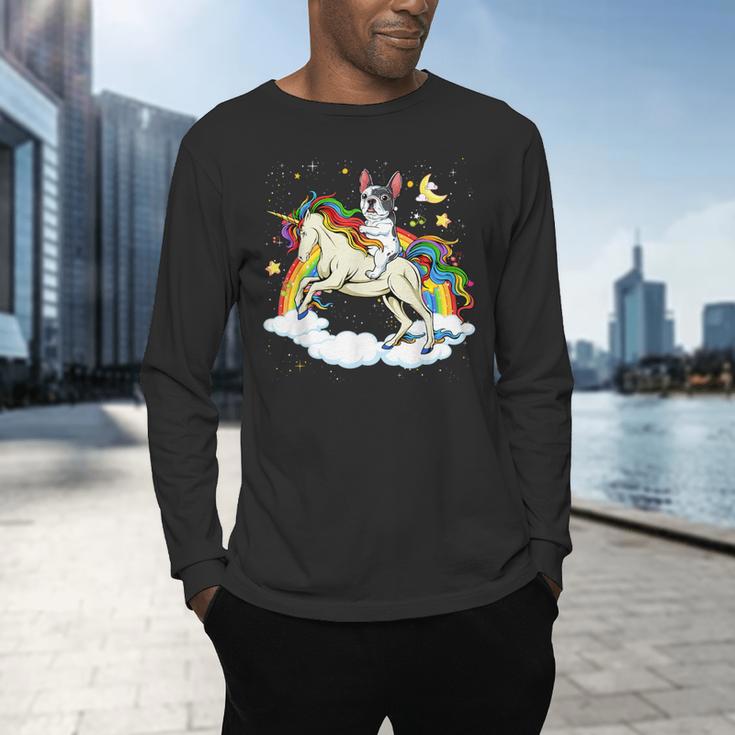 Boston Terrier Riding Unicorn Boys Girls Kids Rainbow Men's Long Sleeve T-Shirt, gift for family, gift for coworker