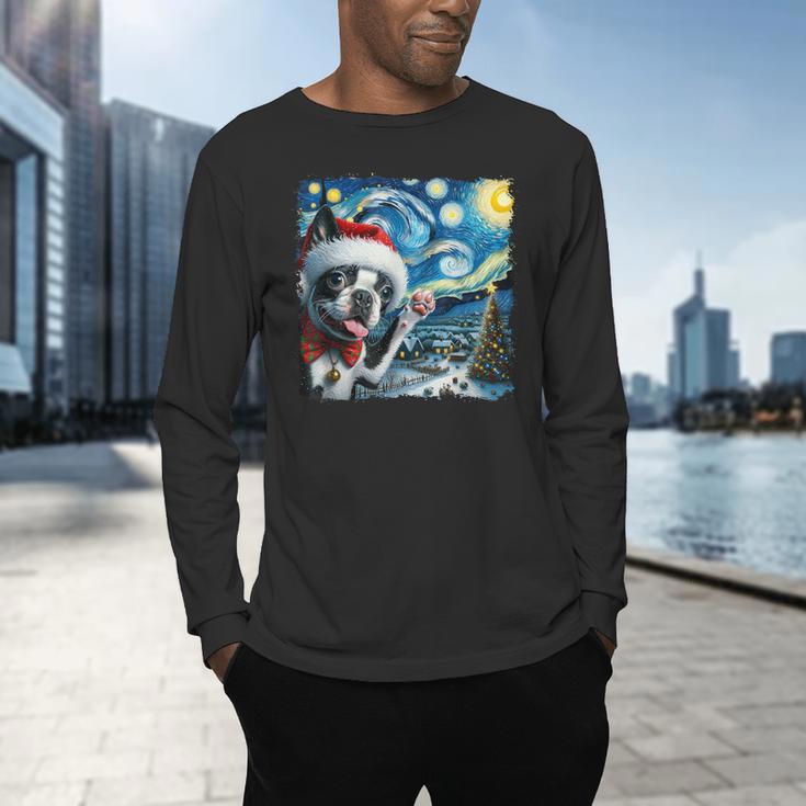 Boston Terrier Santa Starry Night Van Gogh Christmas Dog Men Women Kids Men's Long Sleeve T-Shirt, gift for family, gift for coworker