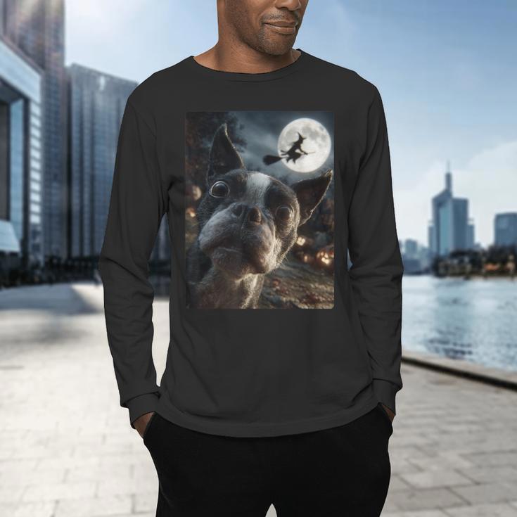 Boston Terrier Selfie Full Moon Flying Witch Halloween Dog Men's Long Sleeve T-Shirt, gift for family, gift for coworker