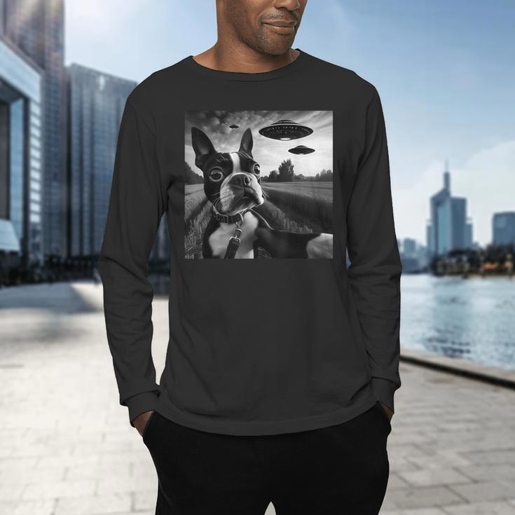 Boston Terrier Graphic Selfie With UFOs Weird Aliens Men's Long Sleeve T-Shirt, gift for family, gift for coworker