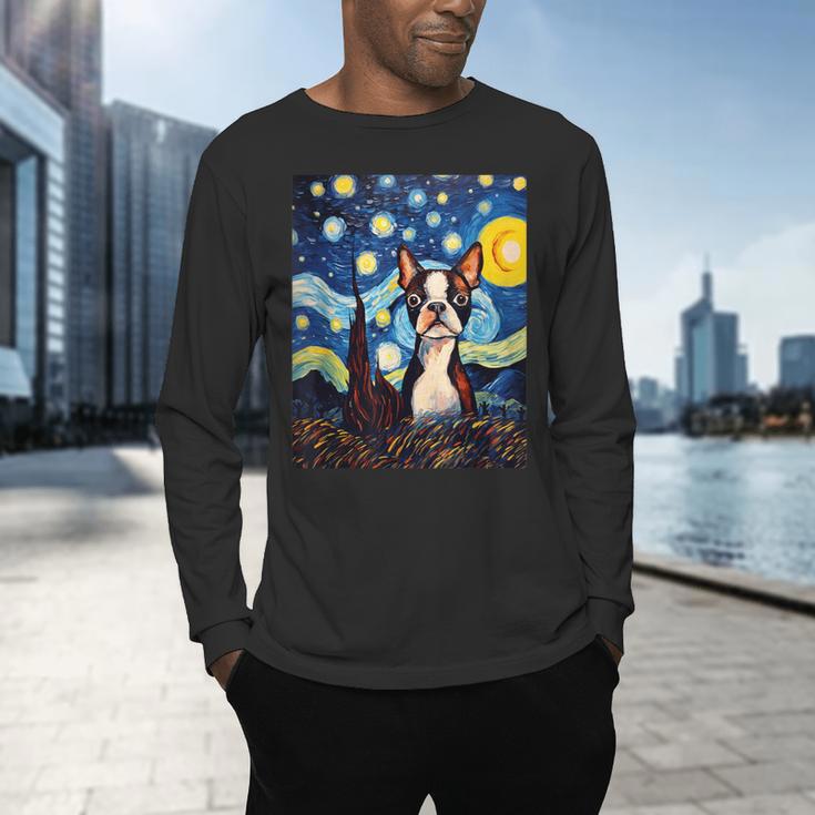 Boston Terrier Starry Night Van Gogh Art Men's Long Sleeve T-Shirt, gift for family, gift for coworker