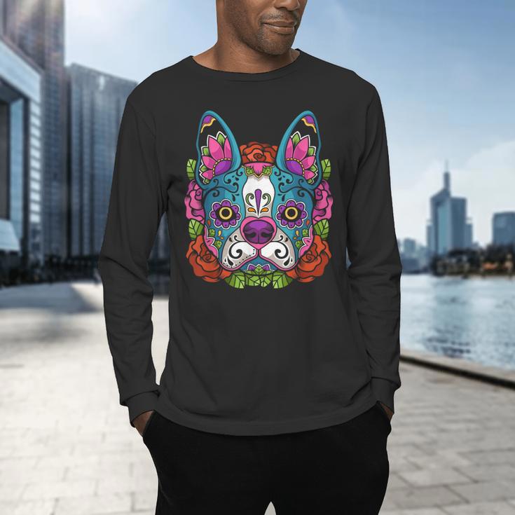 Boston Terrier Sugar Skull Dog Day Of The Dead Men's Long Sleeve T-Shirt, gift for family, gift for coworker