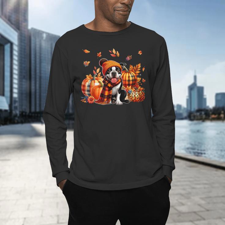 Boston Terrier Thanksgiving Leopard Pumpkins Fall Leaves Men's Long Sleeve T-Shirt, gift for family, gift for coworker