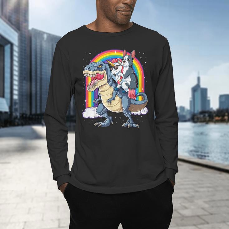 Boston Terrier Unicorn Riding Dinosaur T-Rex Girls Rainbow Men's Long Sleeve T-Shirt, gift for family, gift for coworker