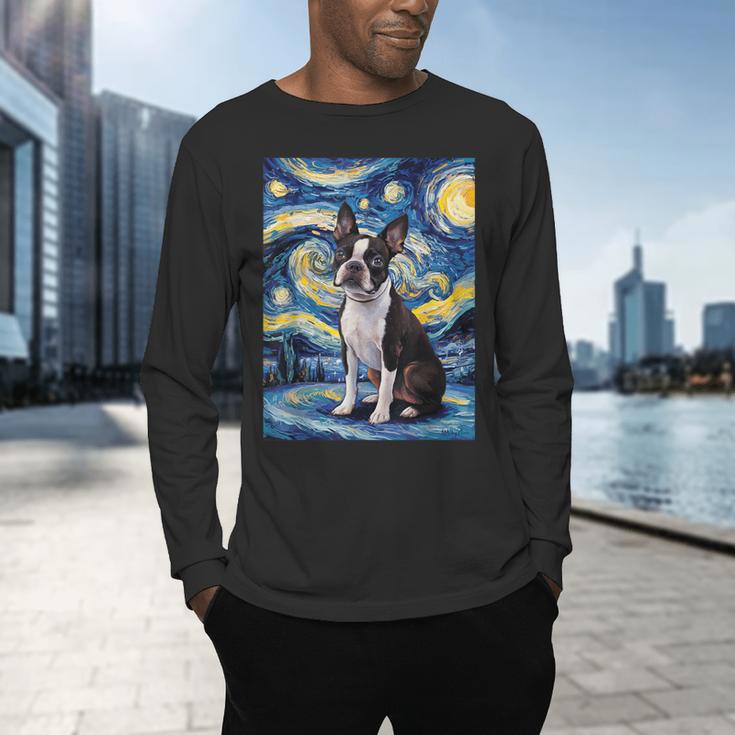Boston Terrier Van Gogh Starry Night Men's Long Sleeve T-Shirt, gift for family, gift for coworker