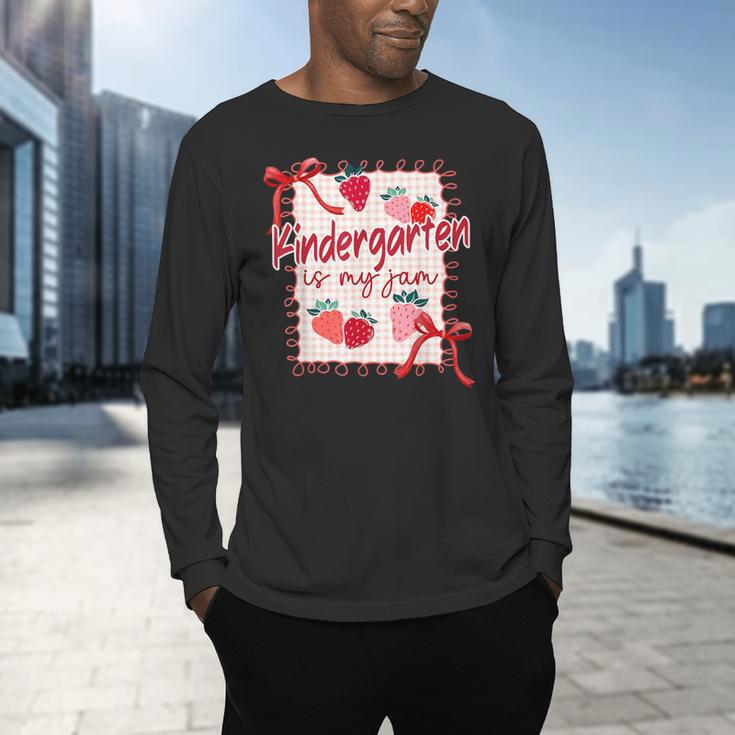 Bow Strawberry Kindergarten Is My Jam Teacher Kinder Team Men's Long Sleeve T-Shirt, gift for family, gift for coworker Bow Strawberry Kindergarten Is My Jam Teacher Kinder Team Men's Long Sleeve T-Shirt, gift for family, gift for coworker