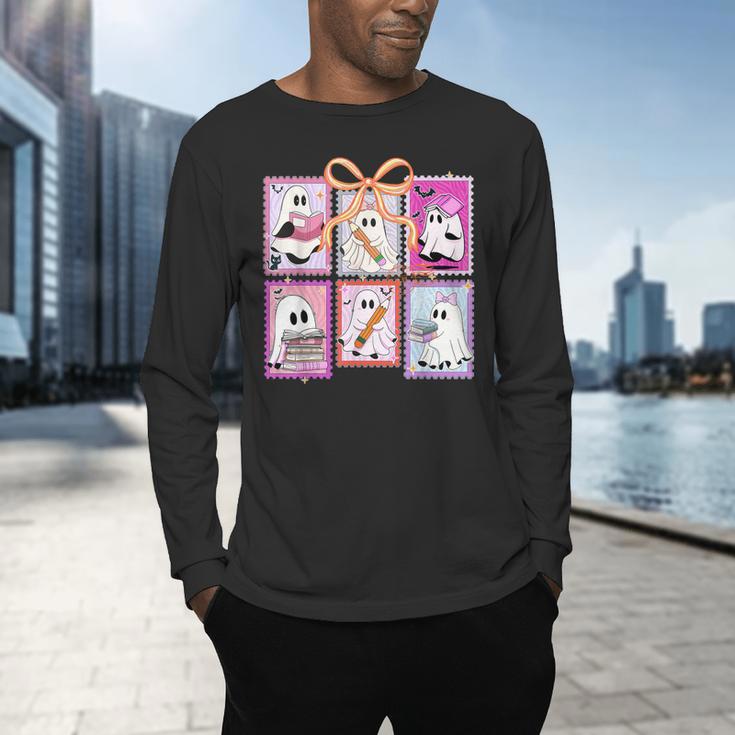 Coquette Bow Spooky Teacher Ghost Halloween Trick Or Teach Men's Long Sleeve T-Shirt, gift for family, gift for coworker Coquette Bow Spooky Teacher Ghost Halloween Trick Or Teach Men's Long Sleeve T-Shirt, gift for family, gift for coworker