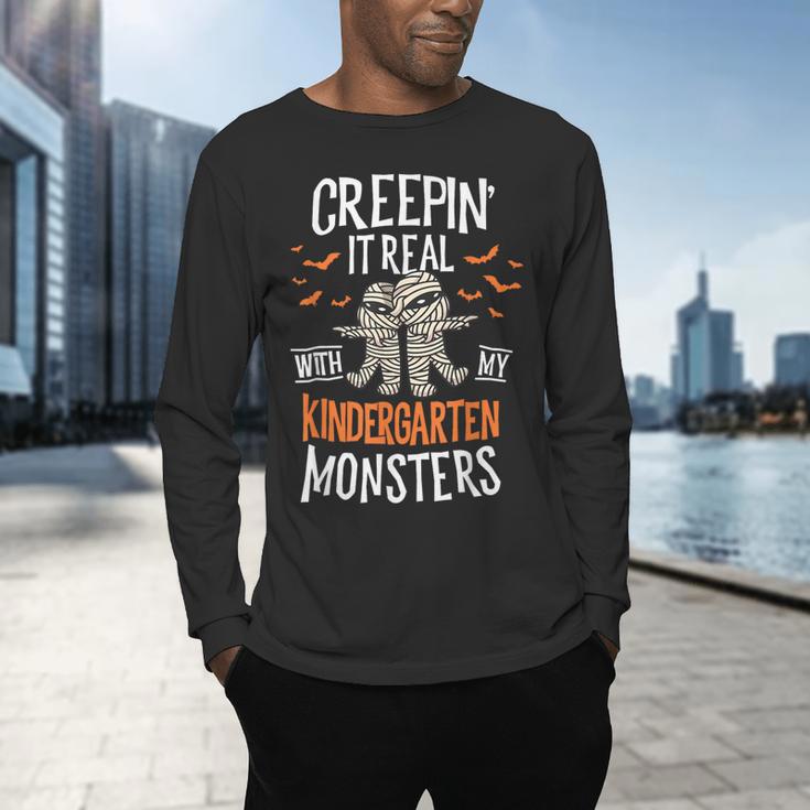 Creepin It Real Kindergarten Monsters Halloween Teacher Men's Long Sleeve T-Shirt, gift for family, gift for coworker
