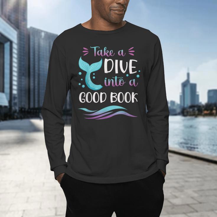 Cute Mermaid Librarian Teacher Dive Into A Good Book Reading Men's Long Sleeve T-Shirt, gift for family, gift for coworker Cute Mermaid Librarian Teacher Dive Into A Good Book Reading Men's Long Sleeve T-Shirt, gift for family, gift for coworker