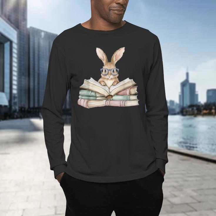 Cute Reading Bunny Glasses Books Bookworm Reader Teacher Men's Long Sleeve T-Shirt, gift for family, gift for coworker