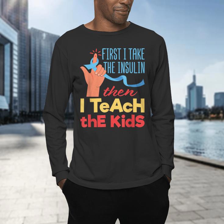 Diabetic Teacher Diabetes Awareness Insulin Blue Ribbon Men's Long Sleeve T-Shirt, gift for family, gift for coworker