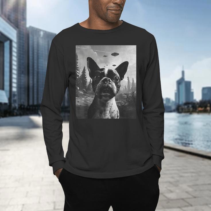 Dog Mom Dad Alien Selfie Boston Terrier UFO For Men Women Men's Long Sleeve T-Shirt, gift for family, gift for coworker