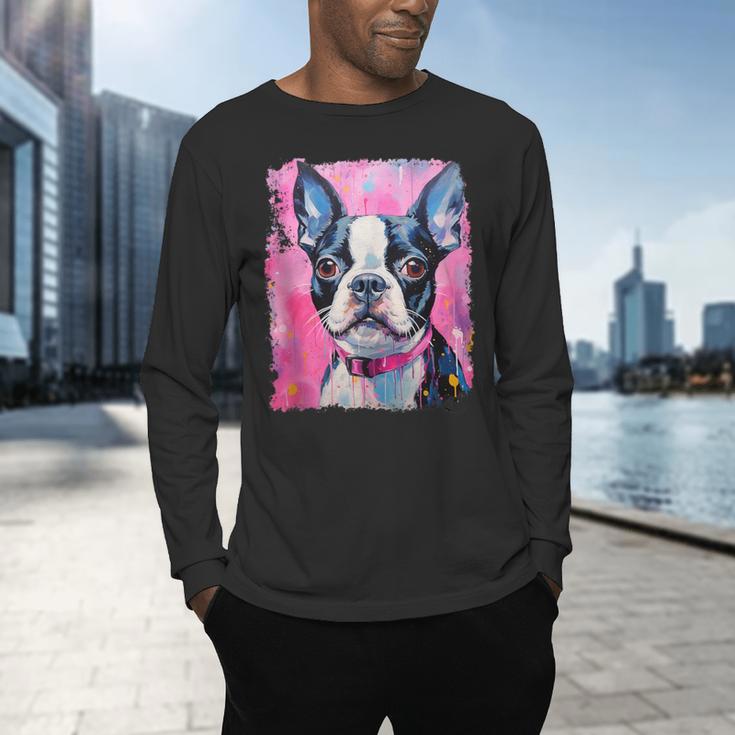 Dog Pink Boston Terrier Men's Long Sleeve T-Shirt, gift for family, gift for coworker