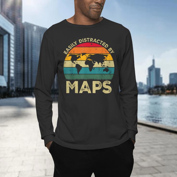 Easily Distracted By Maps Geography Teacher Men's Long Sleeve T-Shirt, gift for family, gift for coworker
