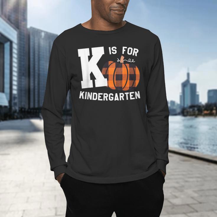 Fall Kindergarten Teacher K Is For Buffalo Plaid Pumpkin Men's Long Sleeve T-Shirt, gift for family, gift for coworker Fall Kindergarten Teacher K Is For Buffalo Plaid Pumpkin Men's Long Sleeve T-Shirt, gift for family, gift for coworker