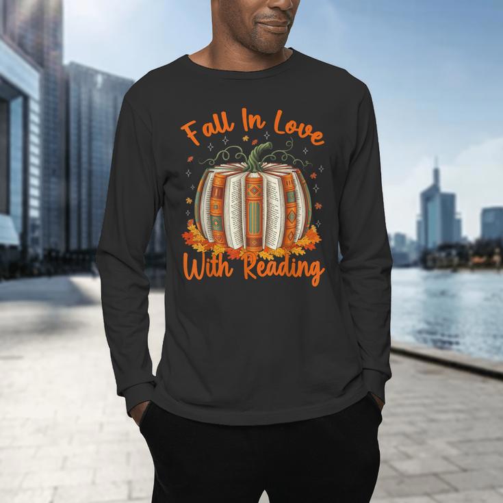 Fall In Love With Reading Pumpkin Autumn Librarians Teacher Men's Long Sleeve T-Shirt, gift for family, gift for coworker