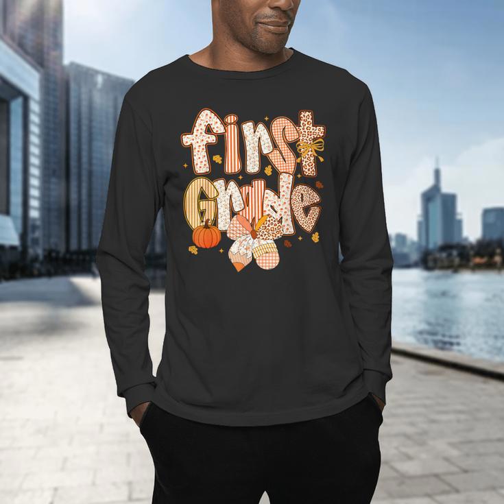 First Grade Fall Floral Coquette Bow Teachers Students Men's Long Sleeve T-Shirt, gift for family, gift for coworker