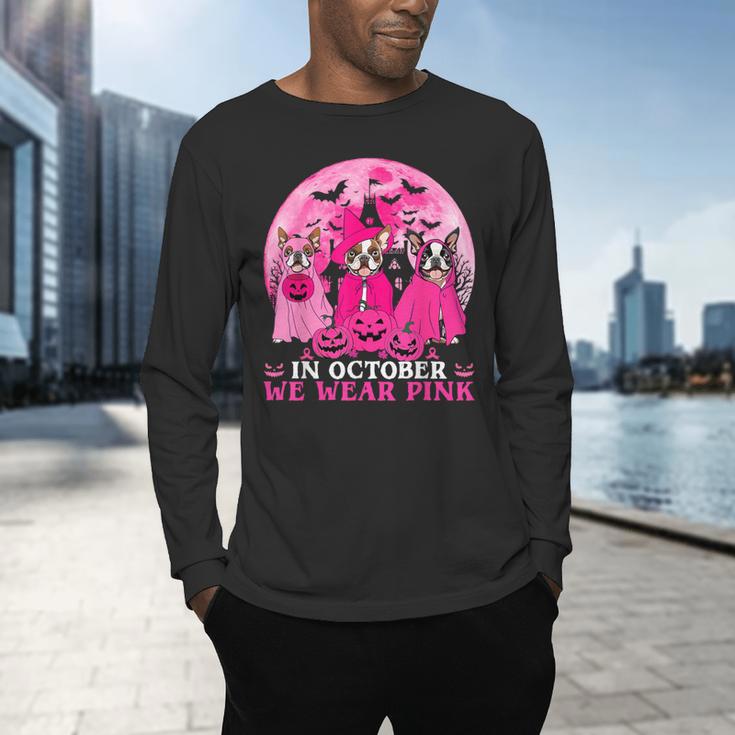Ghost And Witch Boston Terrier Dog In October We Wear Pink Men's Long Sleeve T-Shirt, gift for family, gift for coworker