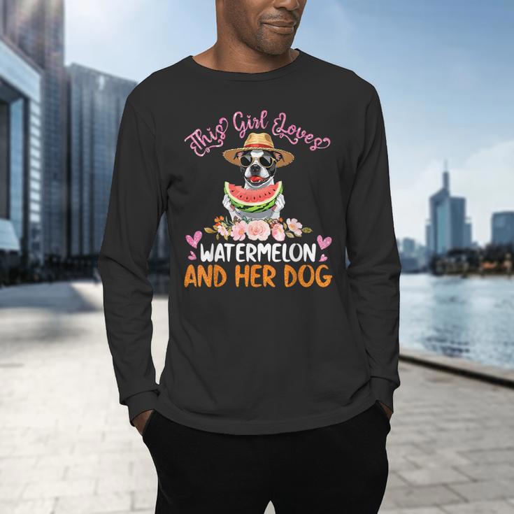 This Girl Loves Watermelon And Her Boston Terrier Dog Mother Men's Long Sleeve T-Shirt, gift for family, gift for coworker