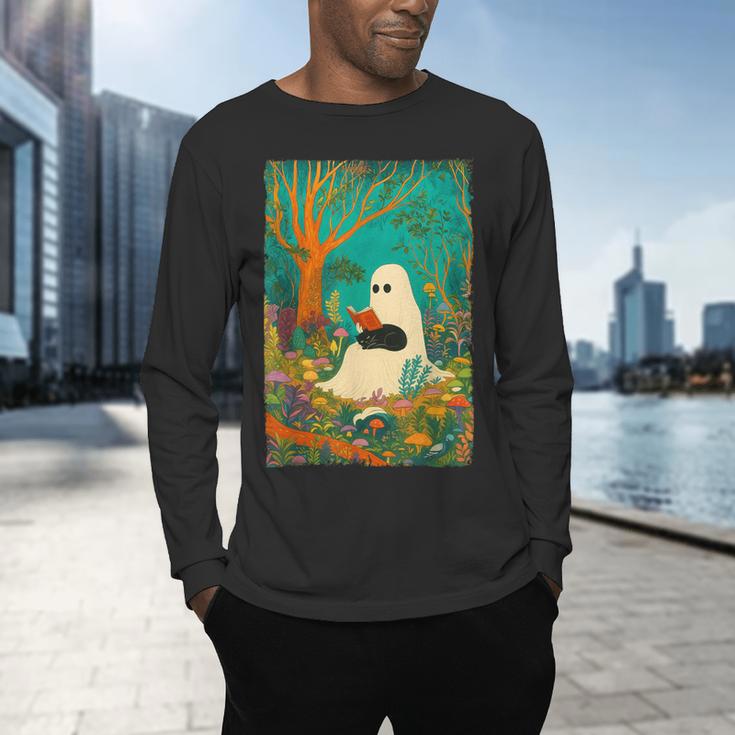 Groovy Ghost Reading Book Cat Halloween Ghost Teacher Men's Long Sleeve T-Shirt, gift for family, gift for coworker