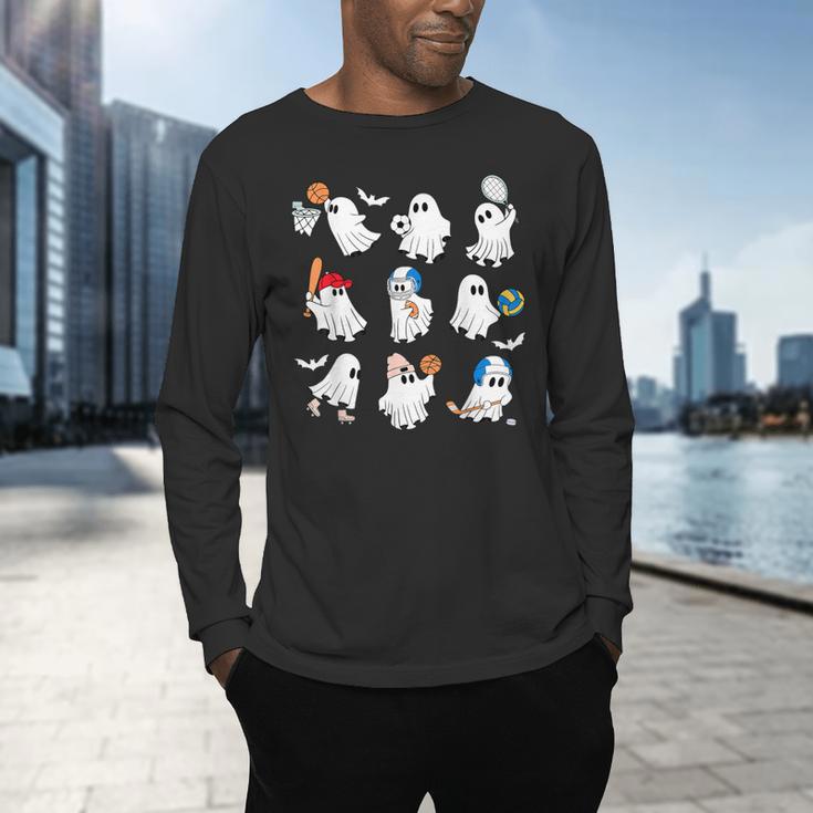 Halloween PE Teacher Ghost Playing Soccer Football Baseball Men's Long Sleeve T-Shirt, gift for family, gift for coworker Halloween PE Teacher Ghost Playing Soccer Football Baseball Men's Long Sleeve T-Shirt, gift for family, gift for coworker