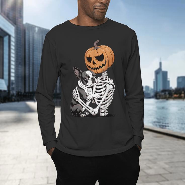 Halloween Skeleton Boston Terrier Men's Long Sleeve T-Shirt, gift for family, gift for coworker