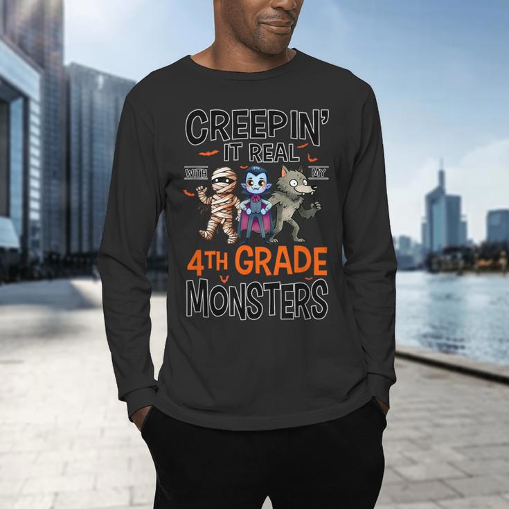 Halloween Teacher Creepin It Real With My 4th Grade Monsters Men's Long Sleeve T-Shirt, gift for family, gift for coworker Halloween Teacher Creepin It Real With My 4th Grade Monsters Men's Long Sleeve T-Shirt, gift for family, gift for coworker