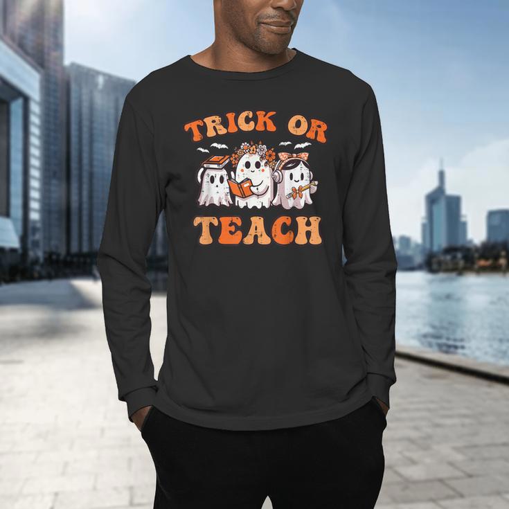 Halloween Teacher Ghosts Trick Or Teach Retro Costume Women Men's Long Sleeve T-Shirt, gift for family, gift for coworker