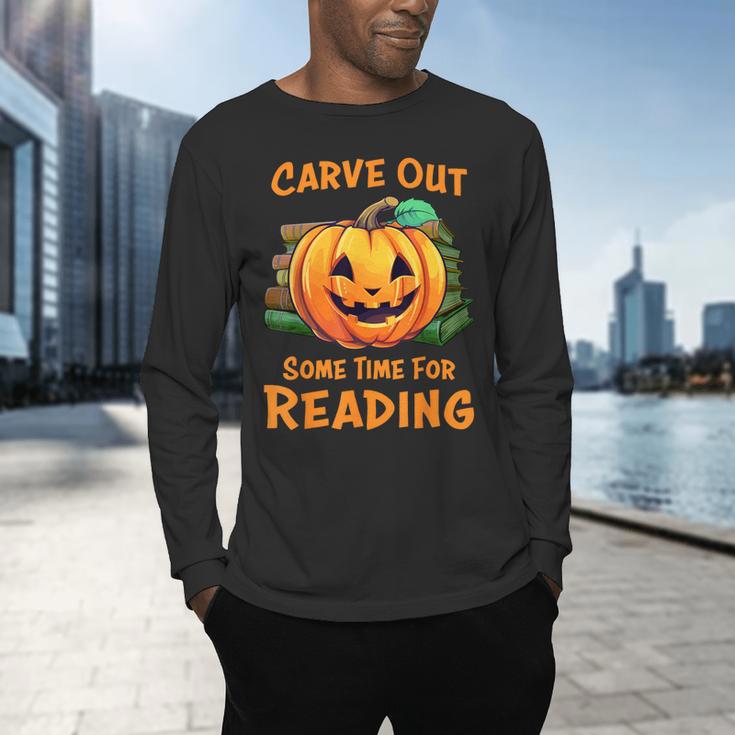 Halloween Teacher Librarian Pumpkin Reading Books Men Women Kids Men's Long Sleeve T-Shirt, gift for family, gift for coworker
