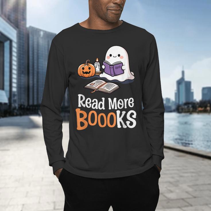 Halloween Teacher Women Cute Reading Ghost Read More Books Men's Long Sleeve T-Shirt, gift for family, gift for coworker