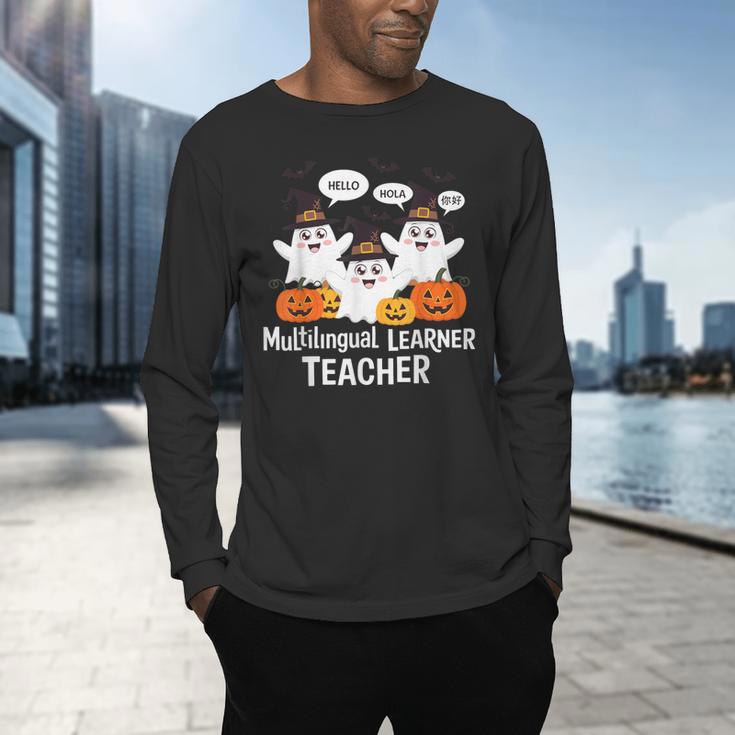 Multilingual Learner Teacher Spooky Halloween ESL Teacher Men's Long Sleeve T-Shirt, gift for family, gift for coworker Multilingual Learner Teacher Spooky Halloween ESL Teacher Men's Long Sleeve T-Shirt, gift for family, gift for coworker