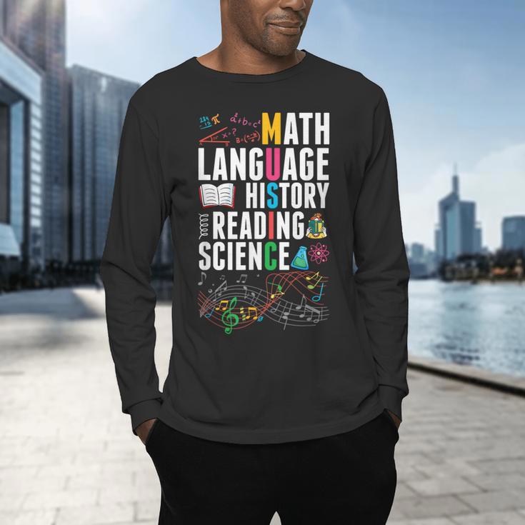 Music Teacher Music Math Language History Reading Science Men's Long Sleeve T-Shirt, gift for family, gift for coworker Music Teacher Music Math Language History Reading Science Men's Long Sleeve T-Shirt, gift for family, gift for coworker