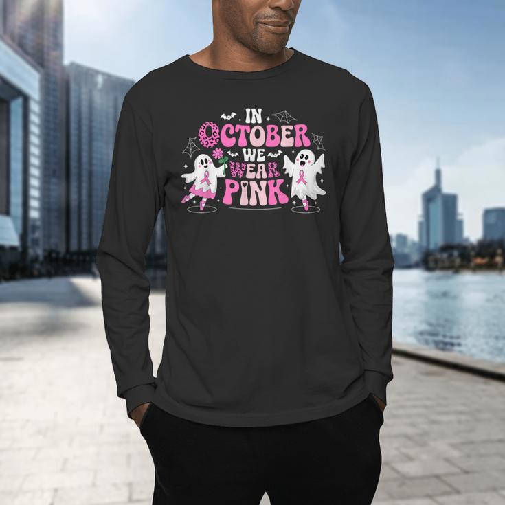 In October We Wear Pink Ballet Ghost Teacher Breast Cancer Men's Long Sleeve T-Shirt, gift for family, gift for coworker