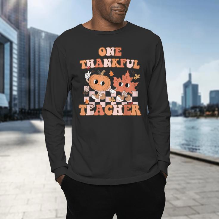 One Thankful Teacher Fall Leaves Thanksgiving Retro Men's Long Sleeve T-Shirt, gift for family, gift for coworker