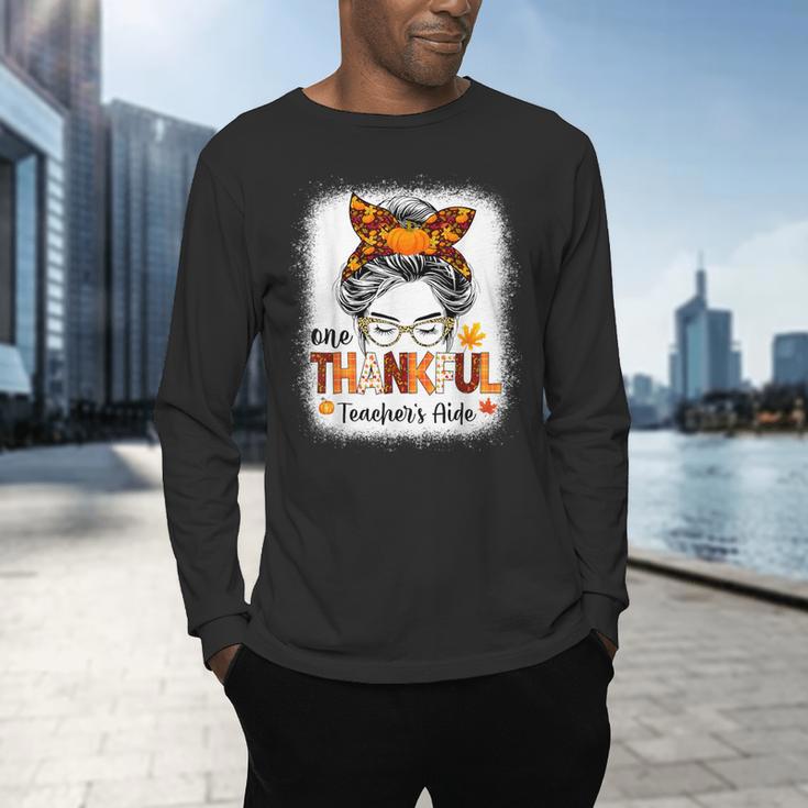 One Thankful Teacher's Aide Messy Bun Thanksgiving Fall Men's Long Sleeve T-Shirt, gift for family, gift for coworker