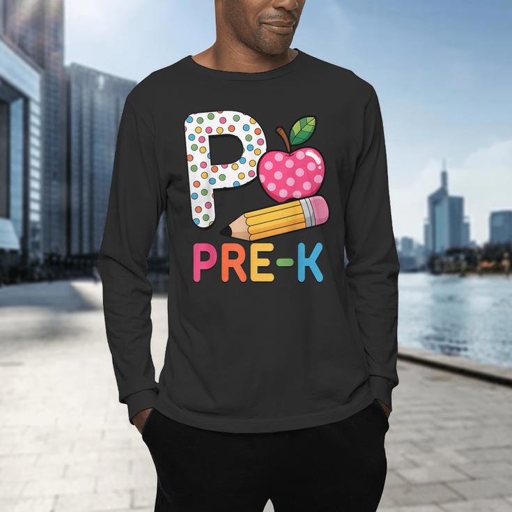 P Is For Pre K Teacher Student Pencil Apple Back To School Men's Long Sleeve T-Shirt, gift for family, gift for coworker P Is For Pre K Teacher Student Pencil Apple Back To School Men's Long Sleeve T-Shirt, gift for family, gift for coworker