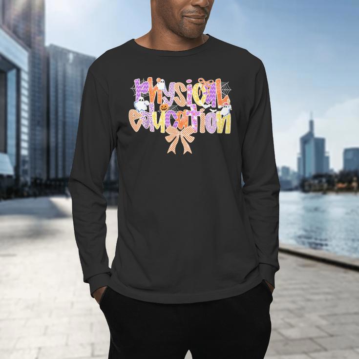 Physical Education Halloween Bow Checkered Teacher Ghost PE Men's Long Sleeve T-Shirt, gift for family, gift for coworker