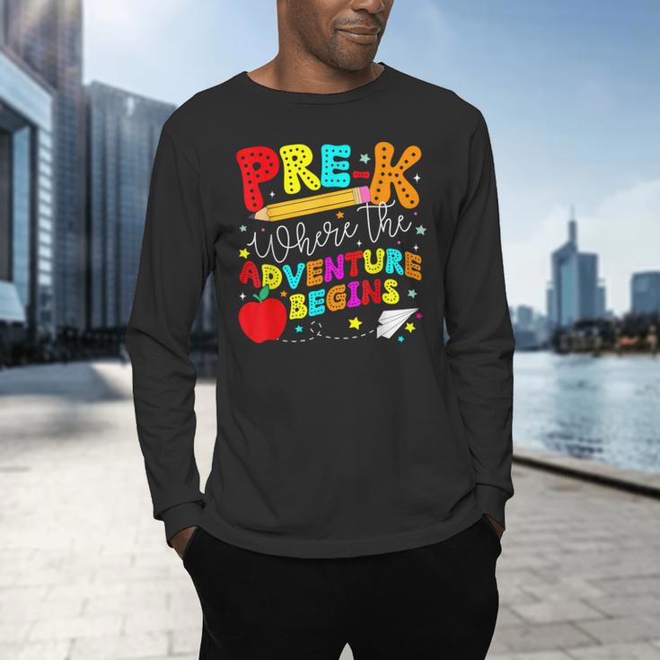 Pre-k Where The Adventure Begins First Day Of Prek Teacher Men's Long Sleeve T-Shirt, gift for family, gift for coworker Pre-k Where The Adventure Begins First Day Of Prek Teacher Men's Long Sleeve T-Shirt, gift for family, gift for coworker